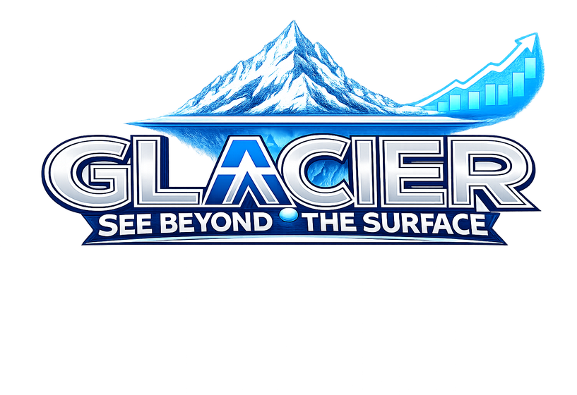 Glacier logo with mountain, iceberg reflection, and rising market chart